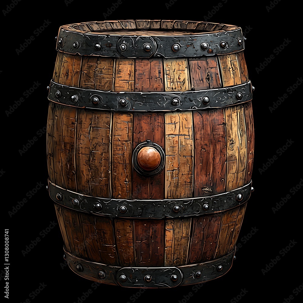 Fototapeta premium Aged Wooden Barrel, Iron Bands, Dark Background