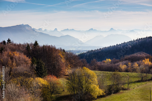 A view of the Alps in a light cloudy haze. Autumn trees in the foreground.