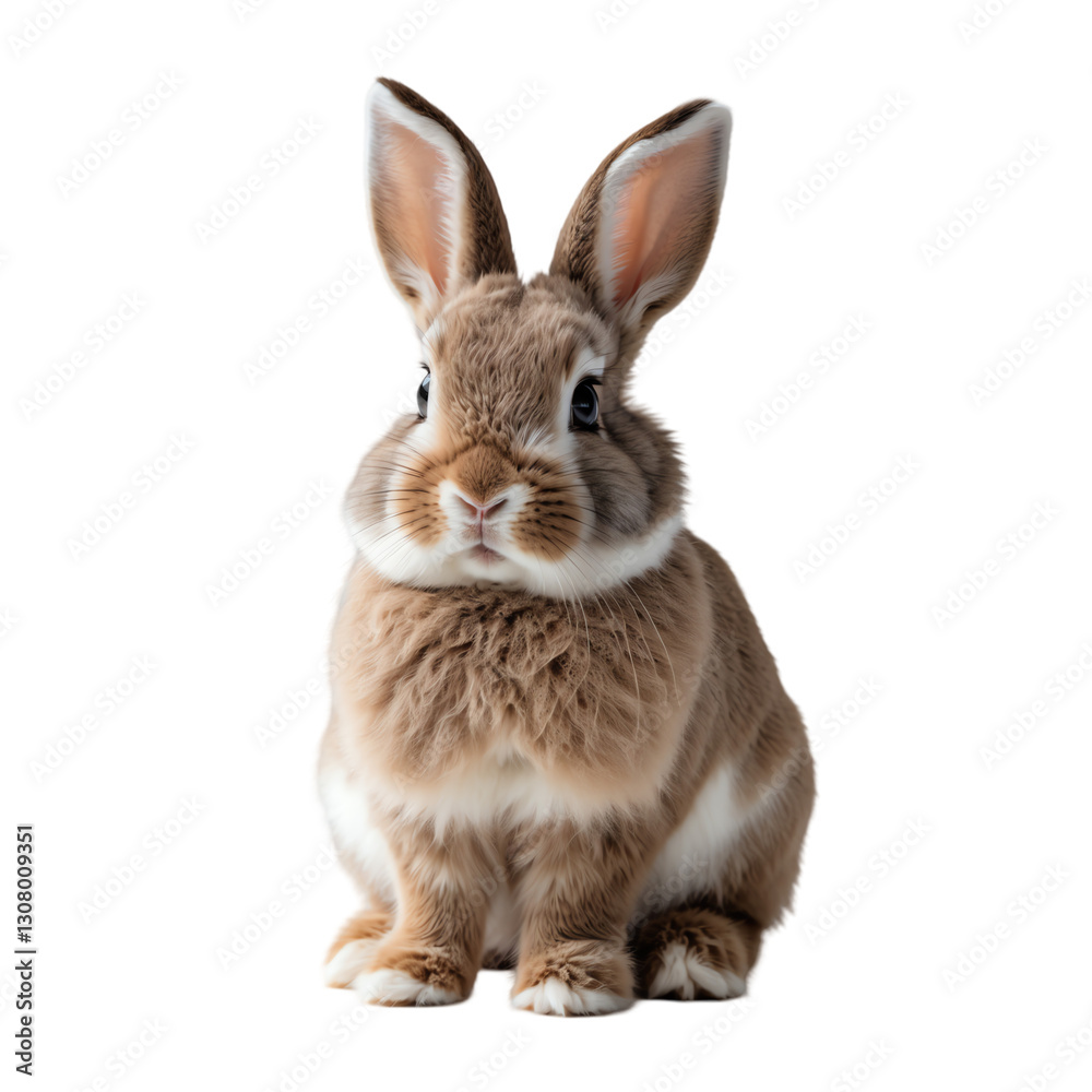 Fototapeta premium Innocent Fluffy Bunny with Long Ears Sitting Calmly Isolated on Transparent Background.