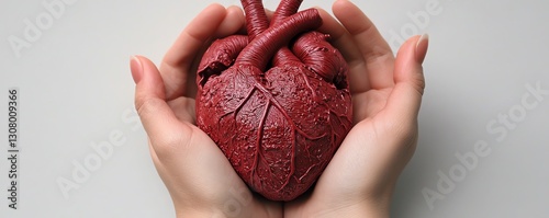 Closeup of human hands holding a red anatomical heart model photo