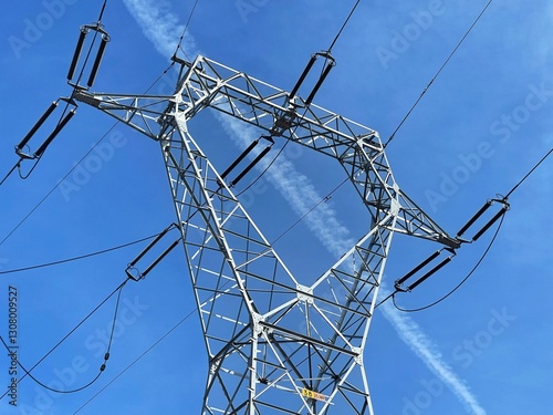 A close-up view of a high voltage electricity transmission tower and overhead power lines set against a vivid blue sky in a soccer field. The image highlights infrastructure and energy concepts.