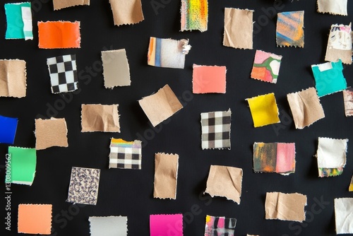 Grid of Ripped Washi Tape Pieces in Various Colors and Patterns on Black Background