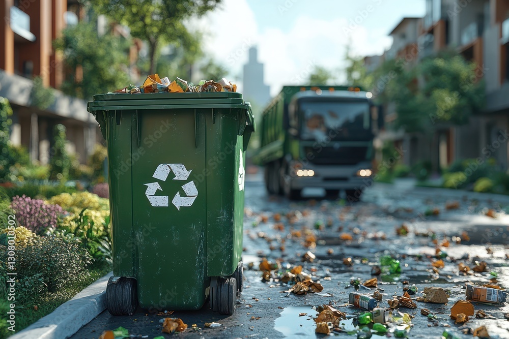 Explore the urban environment and waste management in this image featuring a bus, fire hydrant, truck, and more. Discover the city's dynamics and sustainability Explore the urban environment and waste management in this image featuring a bus, fire hydrant, truck, and more. Discover the city's dynamics and sustainability