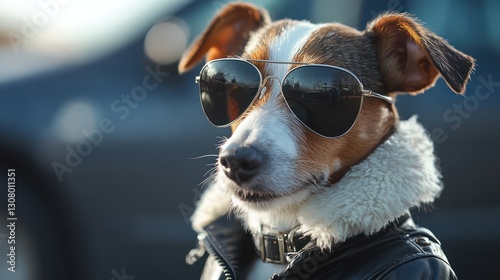 A Jack Russell Terrier in a 1950s-inspired greaser look, wearing a leather jacket, slicked-back fur, and dark aviator sunglasses. 