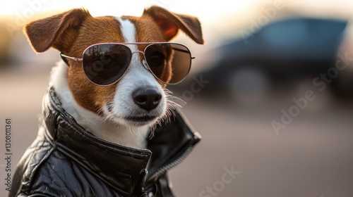 A Jack Russell Terrier in a 1950s-inspired greaser look, wearing a leather jacket, slicked-back fur, and dark aviator sunglasses. 