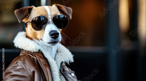 A Jack Russell Terrier in a 1950s-inspired greaser look, wearing a leather jacket, slicked-back fur, and dark aviator sunglasses. 