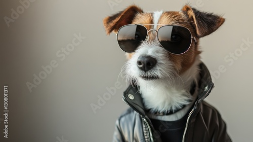 A Jack Russell Terrier in a 1950s-inspired greaser look, wearing a leather jacket, slicked-back fur, and dark aviator sunglasses. 