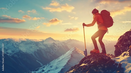 Female hiker conquering mountain peak with pickax
