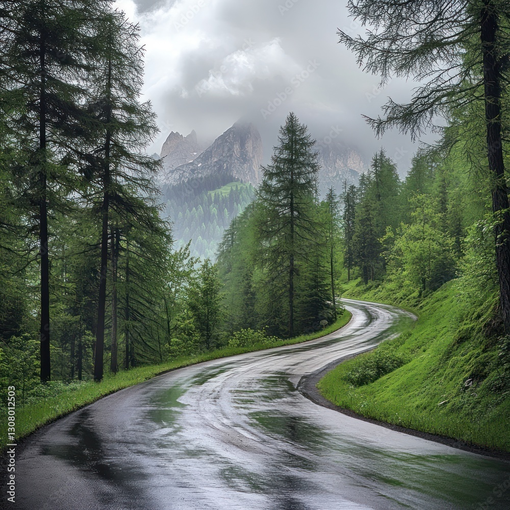 Fototapeta premium Rainy Mountain Road Winding Through Lush Forest