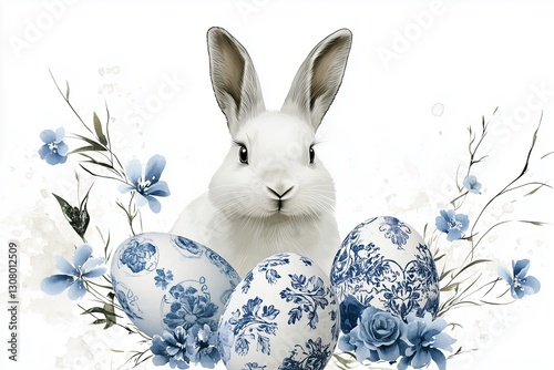 Rabbit with Decorated Eggs and Flowers