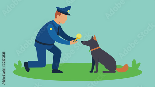 Training in Progress A handler rewards the police dog with a toy after successfully finding a hidden item set in a grassy training field.