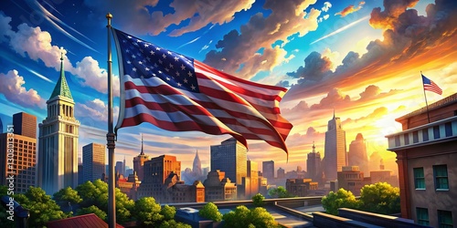 Anime American Flag Background: Vibrant Architectural Scenery
