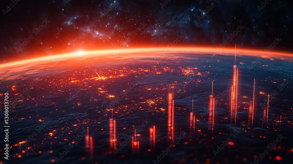 Fototapeta premium Sunrise over fiery Earth city skyline