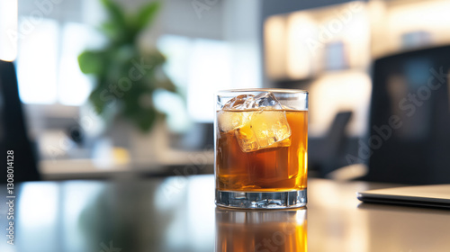 Side Perspective of a Glass of Iced Tea on a Polished Desk with a Blurred Office Background and Expansive Room for Adding Custom Text or Copy space
