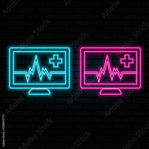 Glowing neon line Laptop with cardiogram icon isolated on brick wall background. Monitoring icon. ECG monitor with heart beat hand drawn. Vector.purple