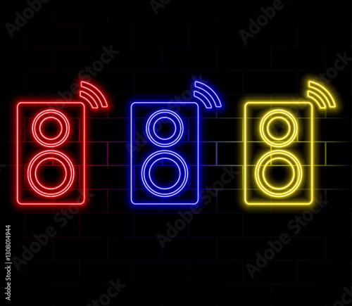 Glowing neon Stereo speaker icon isolated on blue background. Sound system speakers. Music icon. Musical column speaker bass equipment. Vector Illustration