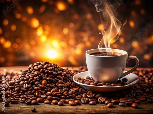 Aromatic Coffee Cup with Roasted Beans Background - Stock Photo
