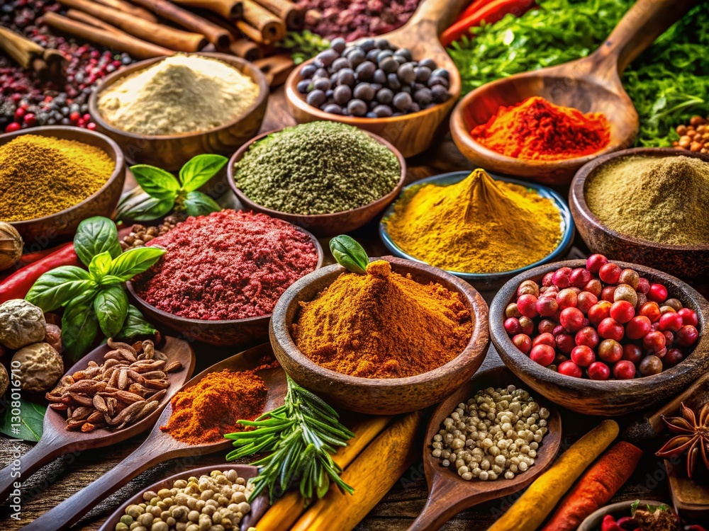 Aromatic Herb and Spice Selection: Close-Up View with Copy Space Aromatic Herb and Spice Selection: Close-Up View with Copy Space