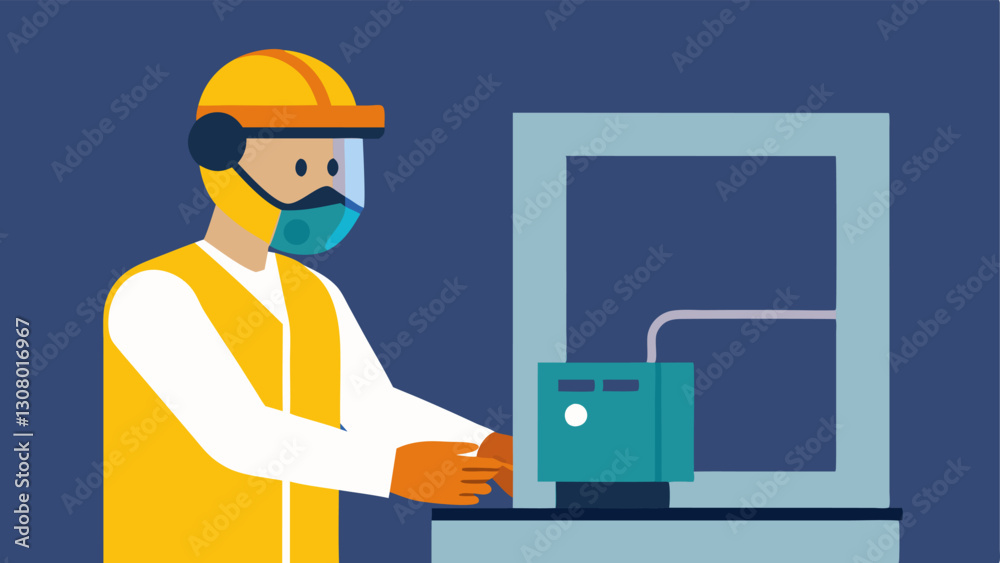 Safety Gear A technician wearing gloves and goggles while operating a 3D printer highlighting safety in the workplace. Safety Gear A technician wearing gloves and goggles while operating a 3D printer highlighting safety in the workplace.