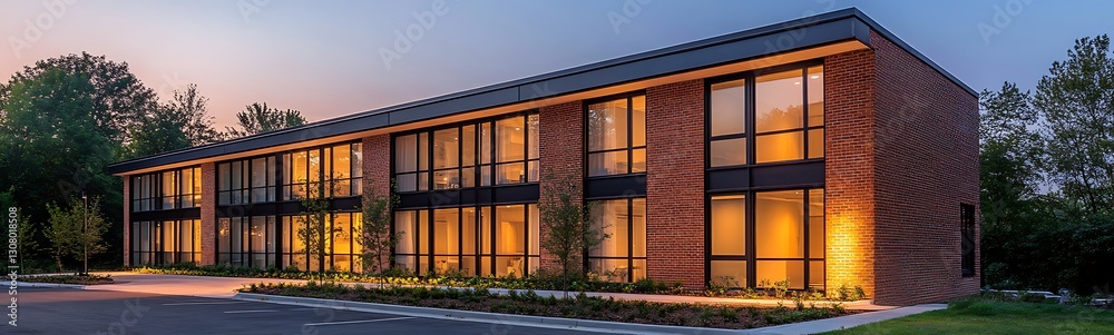 Obraz premium Industrial-style brick building featuring large windows, ideal for architecture and design visuals.