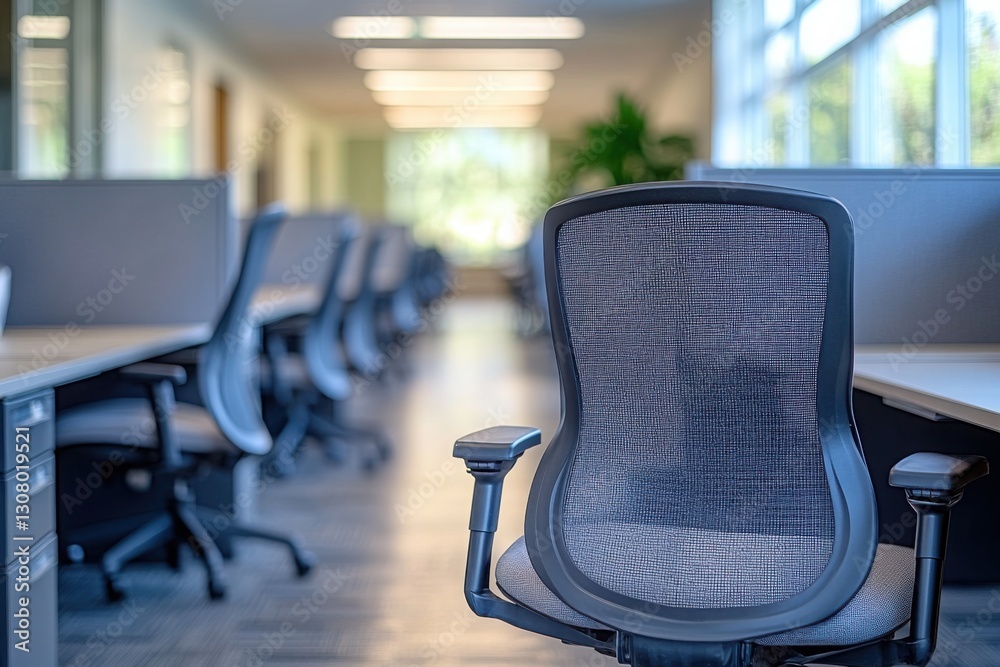 Empty office space with modern chairs and desks in a bright open layout suggesting a flexible and productive workspace Empty office space with modern chairs and desks in a bright open layout suggesting a flexible and productive workspace
