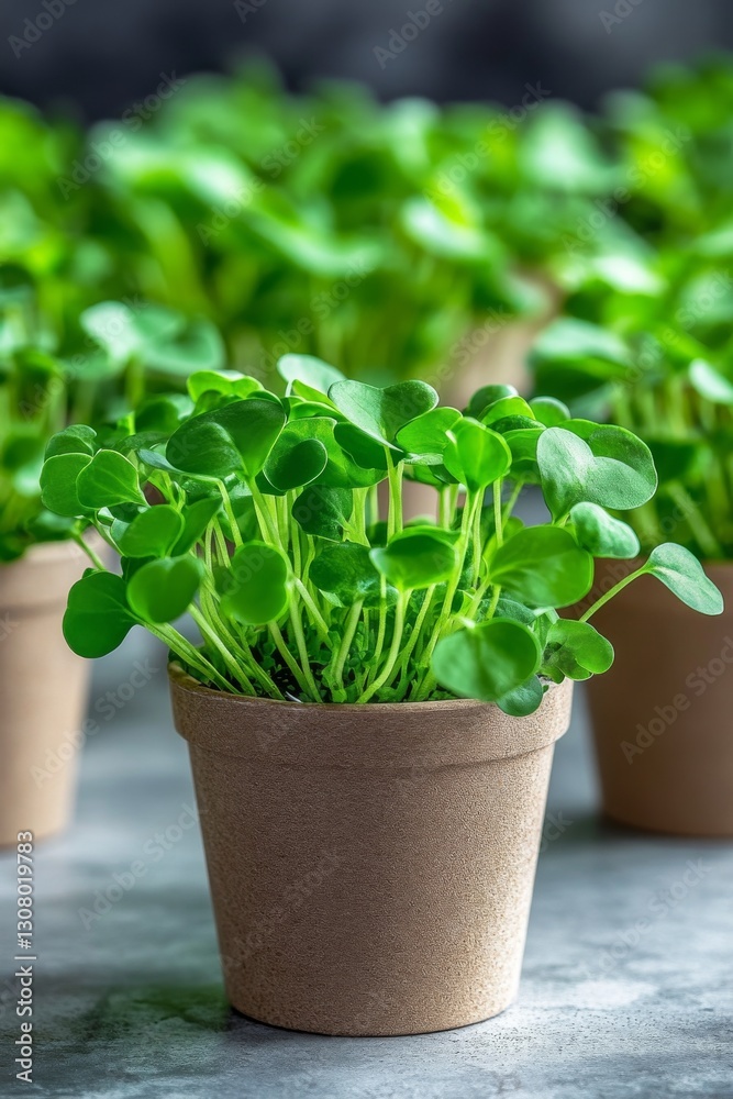 Fototapeta premium Vibrant green microgreens sprout in small, brown pots, creating a fresh, healthy feel.