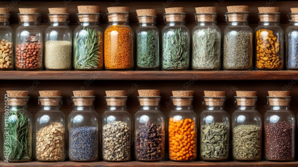 Glass jars filled with various spices and herbs on a wooden shelf. Glass jars filled with various spices and herbs on a wooden shelf.
