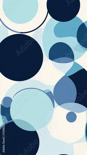 This geometric illustrated wallpaper features sea foam motifs in cool tones of light blue, navy, dark blue, and white.