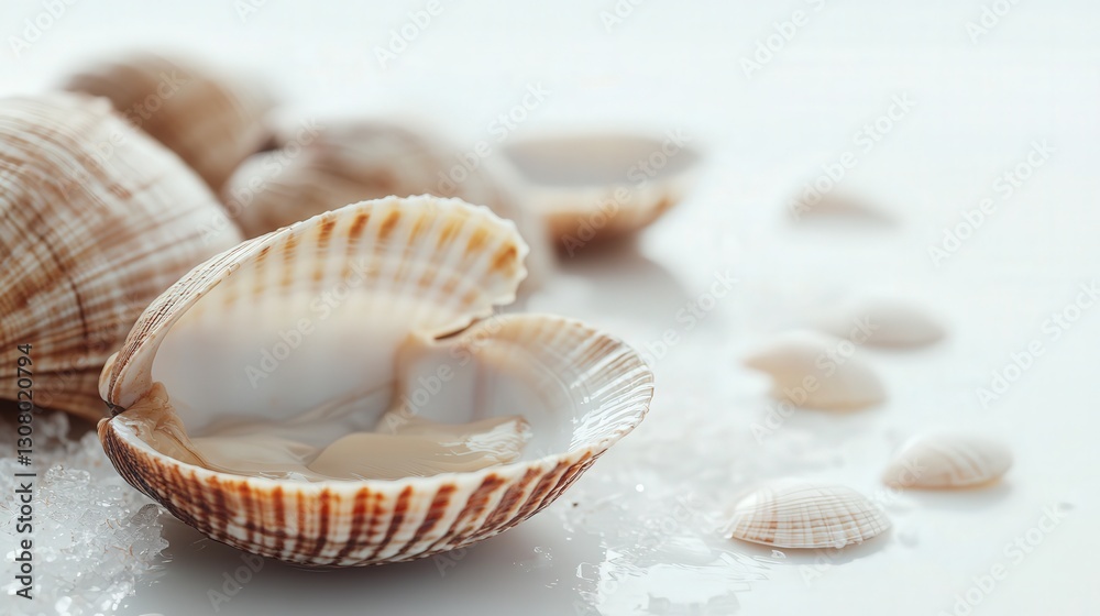 focus on a clam and sea shell, highlighting their intricate patterns and natural elegance as shellfish focus on a clam and sea shell, highlighting their intricate patterns and natural elegance as shellfish
