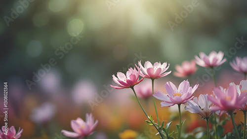 Sensitive pink flowers are blooming in the garden, leaving some space.