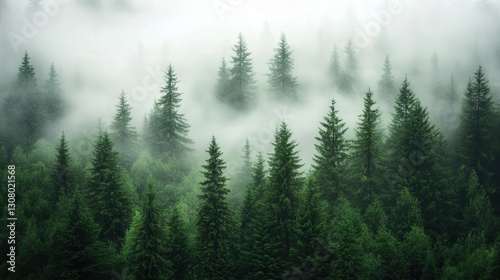 tranquil evergreen forest scene, showcasing the serene beauty of mist enveloping the tall trees for a peaceful ambiance