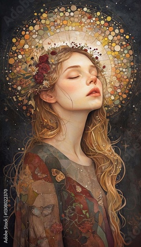 Ethereal woman with wreath surrounded by nature and starlightn