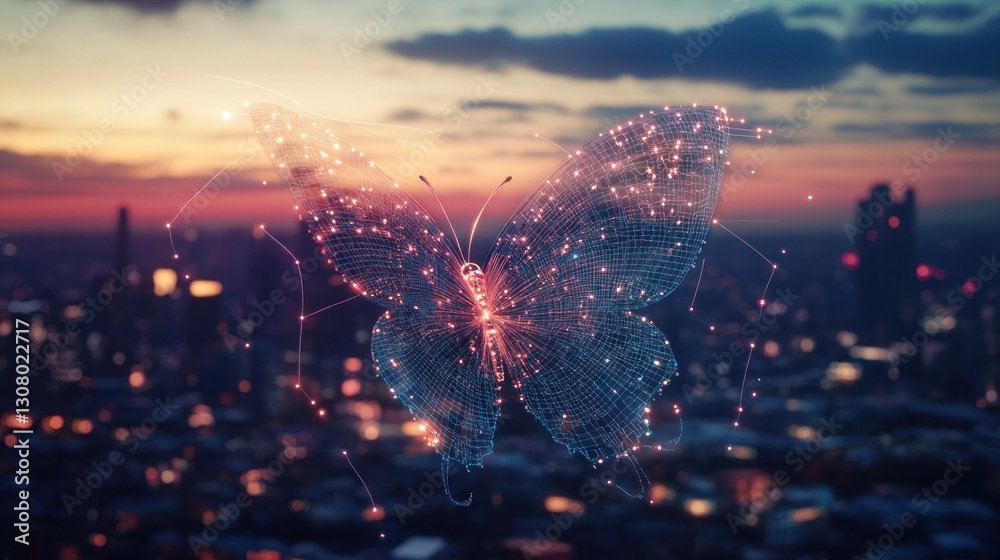 Obraz premium digital butterfly emerges over a blurred cityscape during twilight offering symbolic transformation