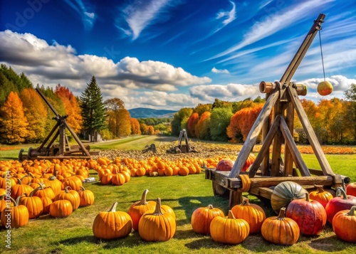 Autumn Pumpkin Chunkin' Contest: Catapults Launch Pumpkins Across Field photo