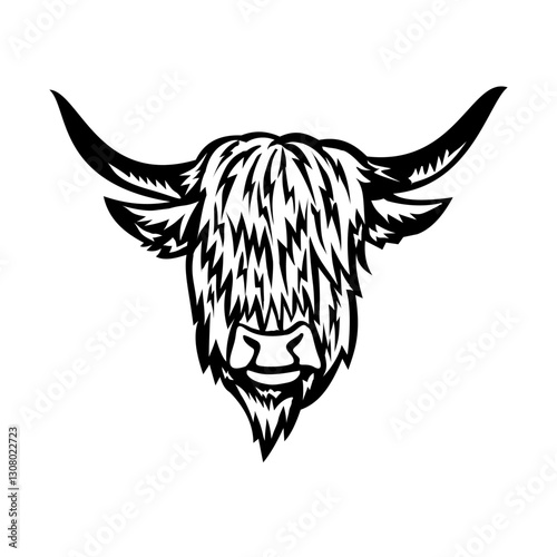 Retro woodcut style illustration of head of a long haired Highland bull cow, a rustic cattle in the Scottish Highlands with long horn and shaggy coat viewed from front done in black and white.
