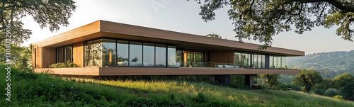 Modern villa featuring a wooden facade, set in an isolated environment, captured in a wide-angle image.