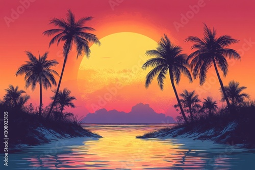 Tropical sunset with palm trees and water reflecting the vibrant colors of the sky A serene beach paradise