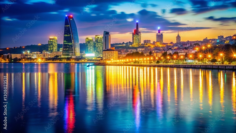 Fototapeta premium Baku Azerbaijan Coastline Cityscape Night Bokeh Lights Stunning View