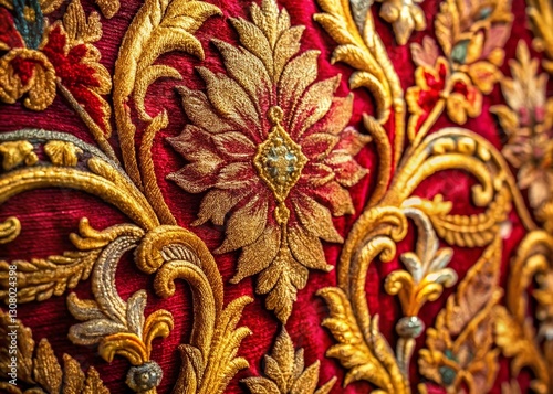 Wallpaper Mural Baroque Tapestry Detail: Rich Gold & Crimson Threads, Close-Up Torontodigital.ca