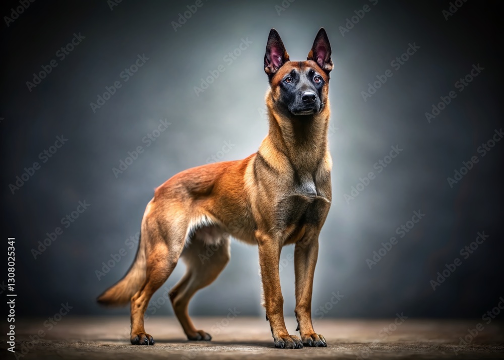 Belgian Malinois Dog Standing, Grey Background, Tilt-Shift Photography Belgian Malinois Dog Standing, Grey Background, Tilt-Shift Photography