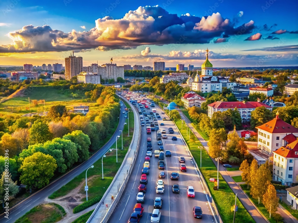 Fototapeta premium Belgorod, Russia: Busy City Traffic & Scenic Panorama at Belgorod Oblast Border