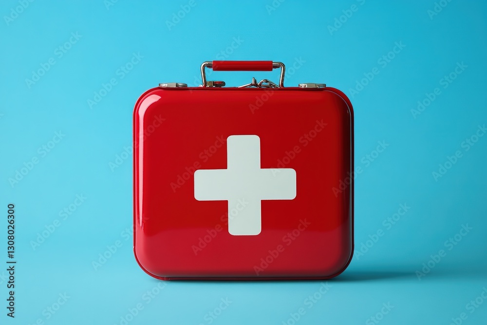 Fototapeta premium Compact red first aid kit with white cross symbol. Minimalist pop art style. Emergency health supplies. Essential for urgent medical care. Modern design. Lifesaving tools 32k Resolution
