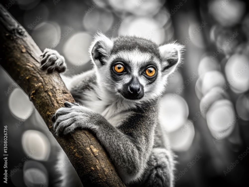 Obraz premium Black and White Lemur Hanging on Tree Branch - Documentary Style Wildlife Photo