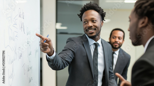 Professional business meeting with four engaged professionals, gathered around a conference table with a whiteboard and documents. A presenter holds up a phone, sparking discussion in a modern office