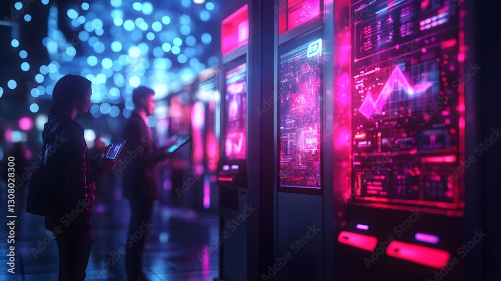 Naklejka premium Two individuals explore a vibrant futuristic city at night, using advanced digital devices against neon lights and interactive screens Background showcasing dynamic data visualizations. Money concept