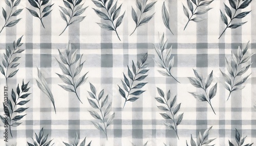 A delicate watercolor pattern featuring botanical leaves overlaid on a soft gingham background in light grey tones. 