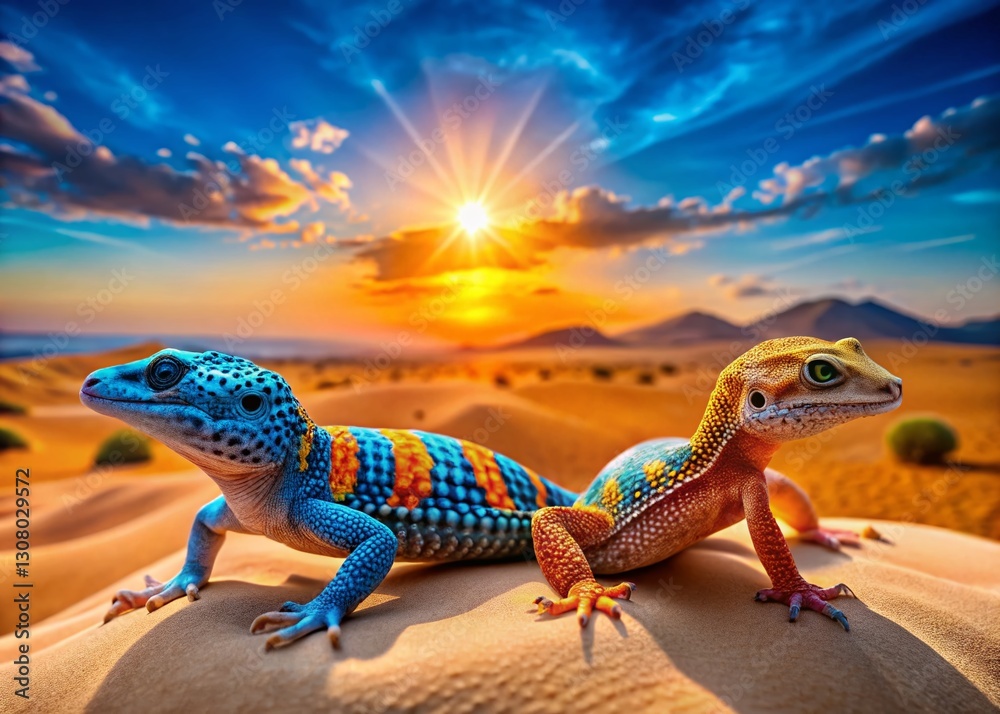 Obraz premium Blue & Orange Leopard Geckos on Desert Background - Reptile Stock Photo