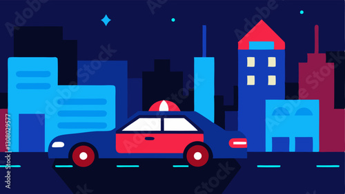 Traffic Stop Scene A police car pulled over next to a civilian car at night with blue and red lights reflecting off both vehicles and the surrounding buildings.