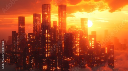 A digital painting depicting a futuristic city at sunset, towering skyscrapers illuminated by warm golden light of wonder and futuristic beauty. Money concept theme background.