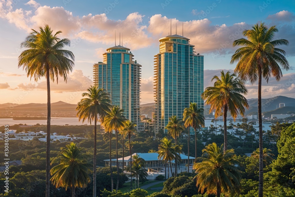 Fototapeta premium Stunning Gold Coast Skyscrapers and Palm Trees Amid Scenic Views